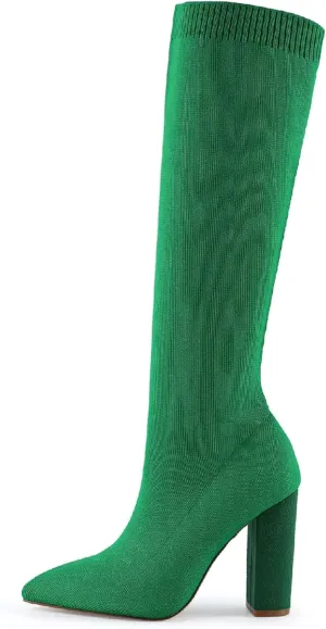 Women's Knee High Stretch Knit Chunky Heel Non-Slip Boots