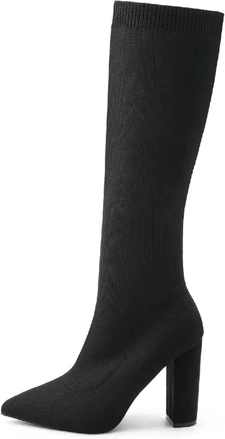 Women's Knee High Stretch Knit Chunky Heel Non-Slip Boots