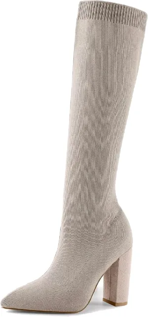 Women's Knee High Stretch Knit Chunky Heel Non-Slip Boots
