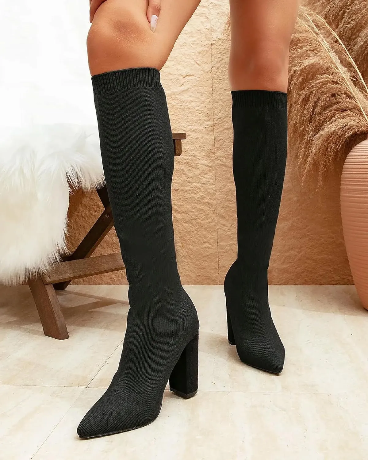 Women's Knee High Stretch Knit Chunky Heel Non-Slip Boots