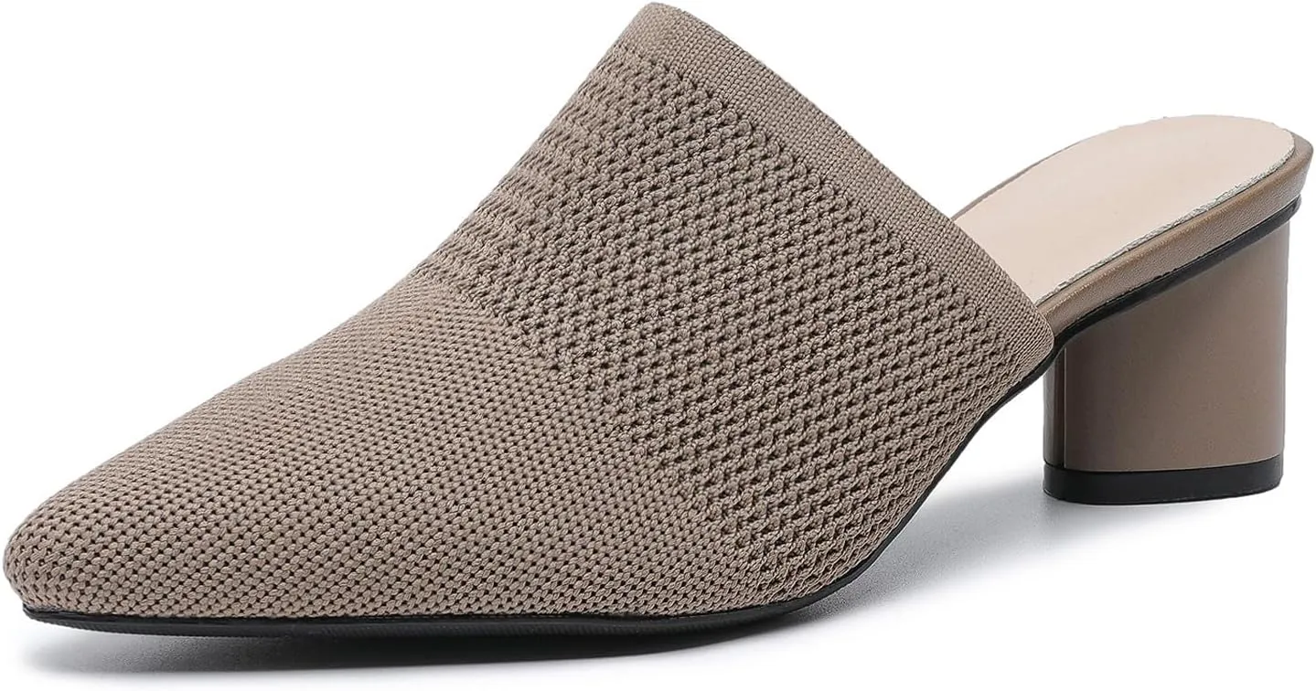 Women’s Knit Closed Pointed Toe Chunky Heel Mules Fashion Mesh Breathable Low Block Heel Pump Sandals Comfortable Slip On Dress Party Shoes
