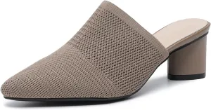 Women’s Knit Closed Pointed Toe Chunky Heel Mules Fashion Mesh Breathable Low Block Heel Pump Sandals Comfortable Slip On Dress Party Shoes