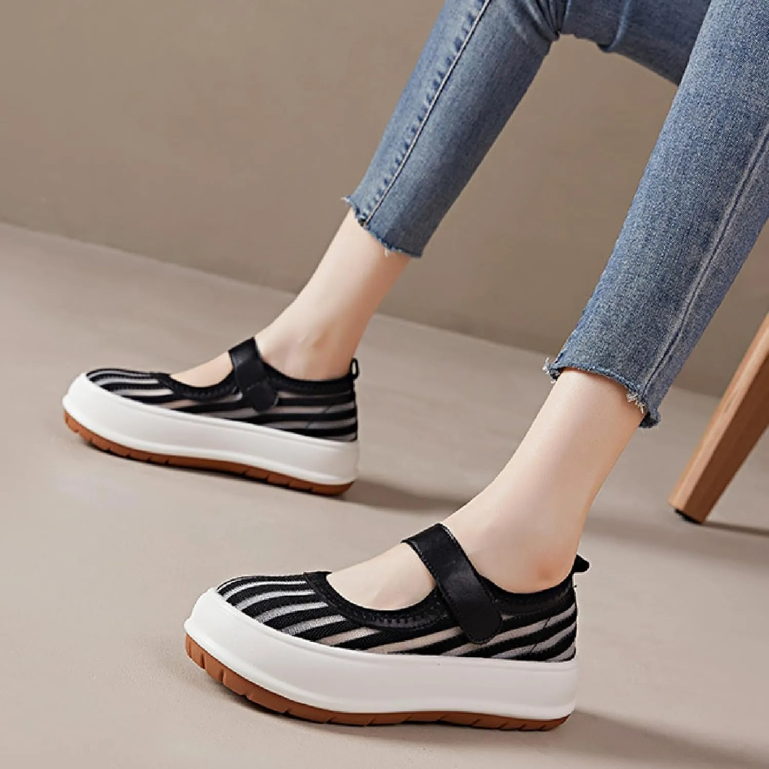 Women's Knit Mesh Hook Loop Platform Mary Jane Walking Shoes Fashion Breathable Hollow Out Closed Round Toe Chunky Increase Height Sneakers Summer Outdoor Casual Loafers