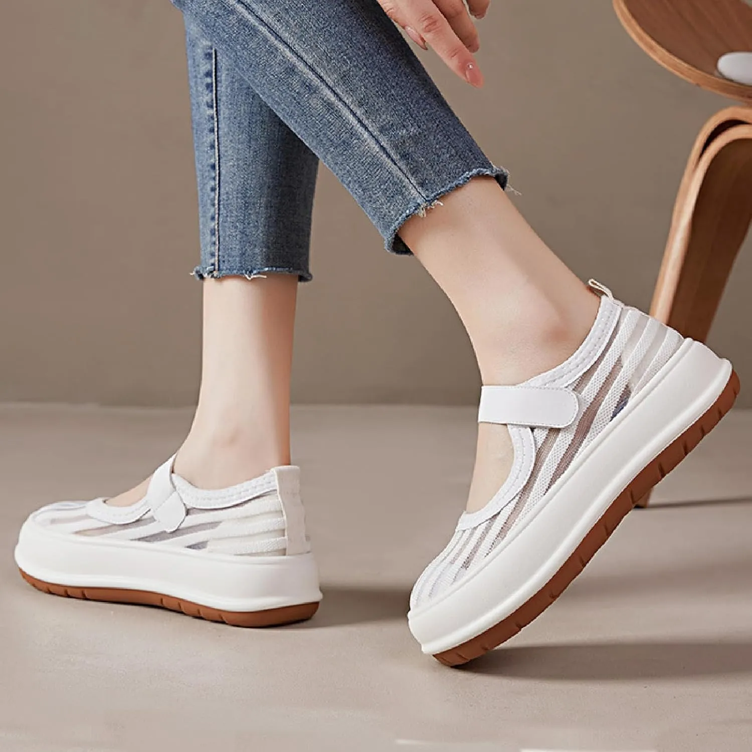 Women's Knit Mesh Hook Loop Platform Mary Jane Walking Shoes Fashion Breathable Hollow Out Closed Round Toe Chunky Increase Height Sneakers Summer Outdoor Casual Loafers