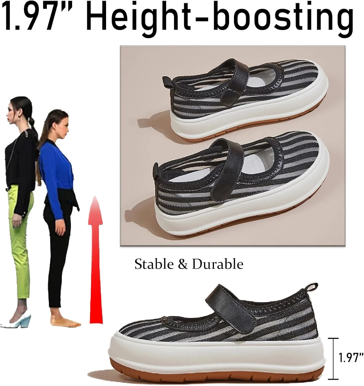 Women's Knit Mesh Hook Loop Platform Mary Jane Walking Shoes Fashion Breathable Hollow Out Closed Round Toe Chunky Increase Height Sneakers Summer Outdoor Casual Loafers