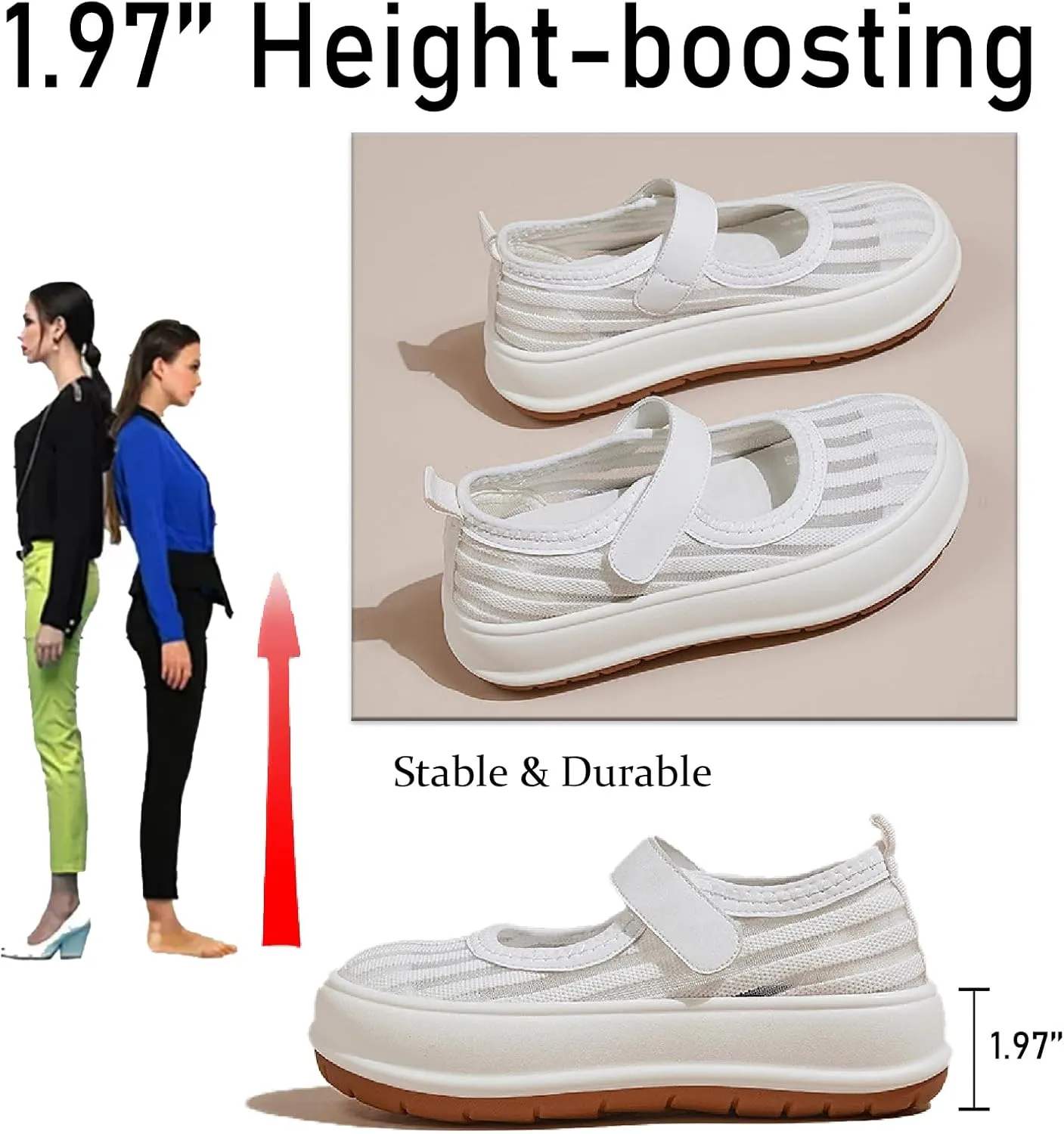 Women's Knit Mesh Hook Loop Platform Mary Jane Walking Shoes Fashion Breathable Hollow Out Closed Round Toe Chunky Increase Height Sneakers Summer Outdoor Casual Loafers
