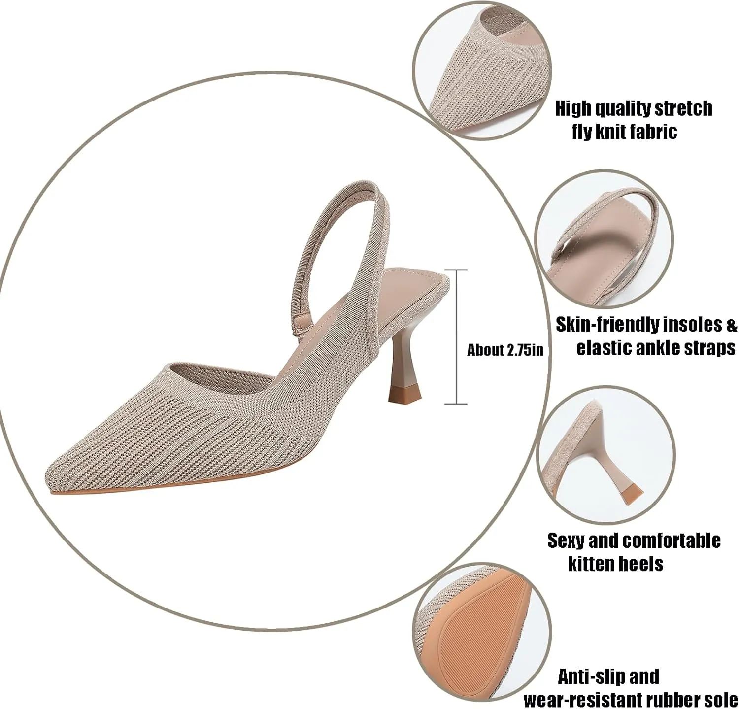 Women’s Knit Slingback Kitten Heel Mules Breathable Mesh Closed Pointed Toe Elastic Ankle Strap Stiletto High Heel Dress Pumps for Formal Bridal Wedding Party