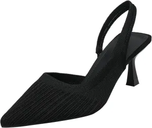 Women’s Knit Slingback Kitten Heel Mules Breathable Mesh Closed Pointed Toe Elastic Ankle Strap Stiletto High Heel Dress Pumps for Formal Bridal Wedding Party