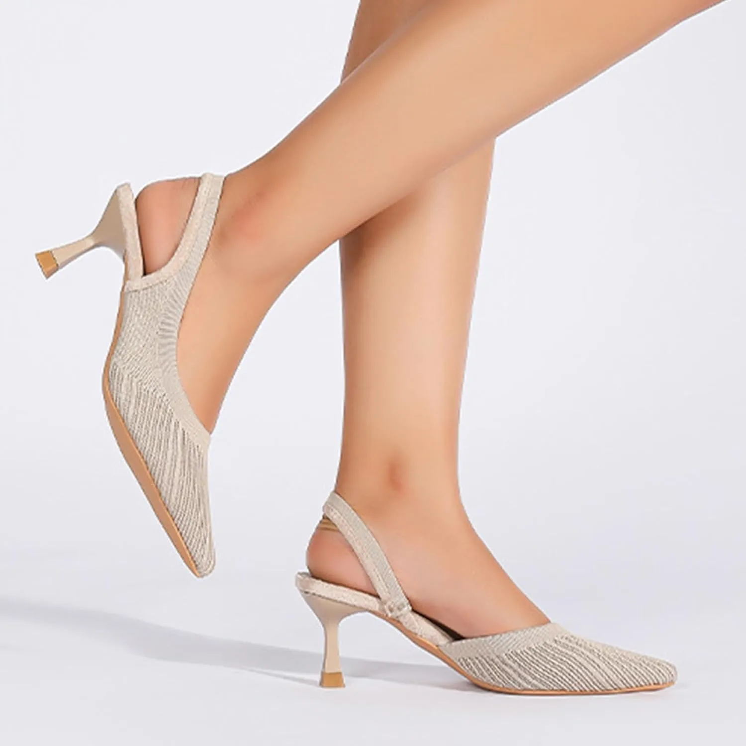 Women’s Knit Slingback Kitten Heel Mules Breathable Mesh Closed Pointed Toe Elastic Ankle Strap Stiletto High Heel Dress Pumps for Formal Bridal Wedding Party