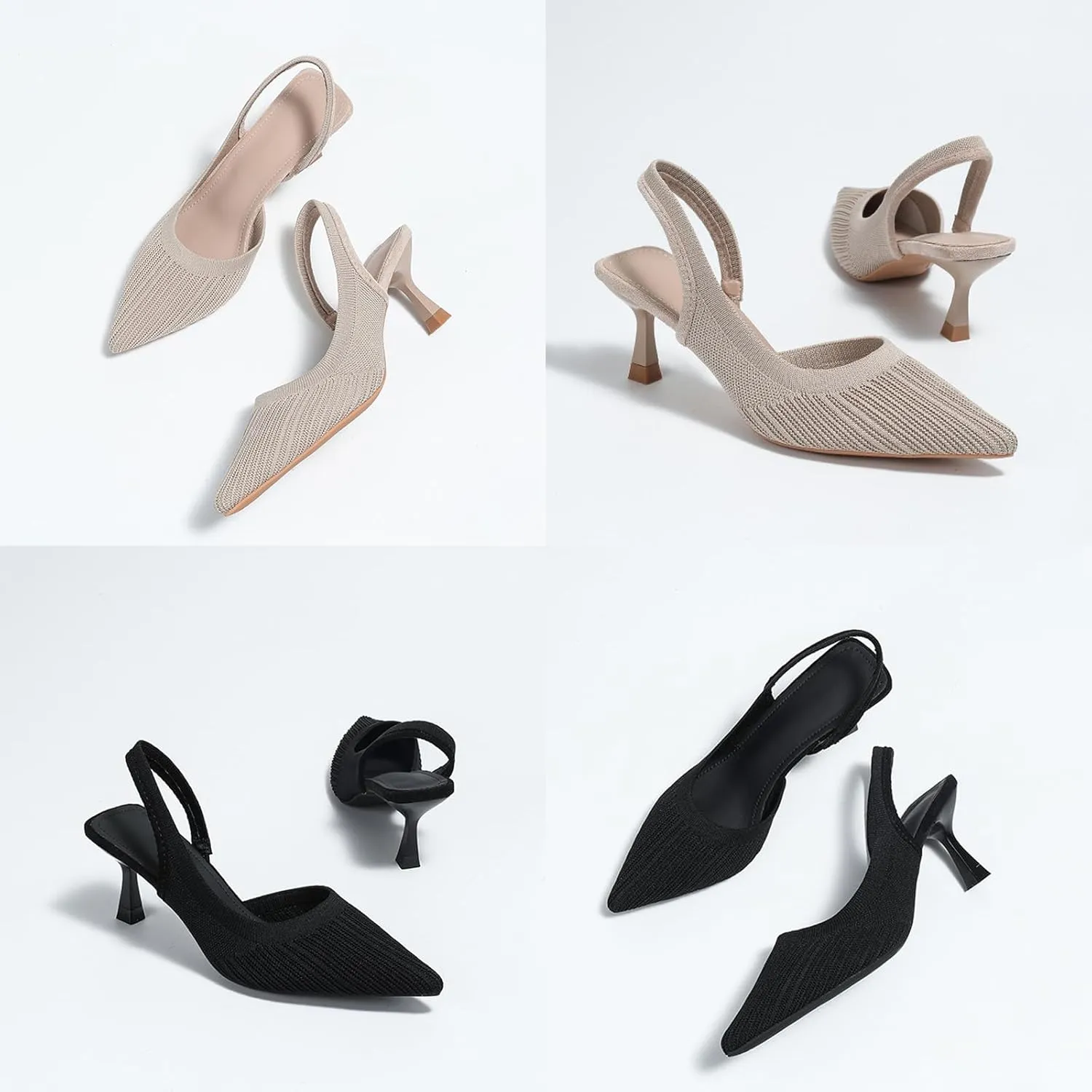 Women’s Knit Slingback Kitten Heel Mules Breathable Mesh Closed Pointed Toe Elastic Ankle Strap Stiletto High Heel Dress Pumps for Formal Bridal Wedding Party
