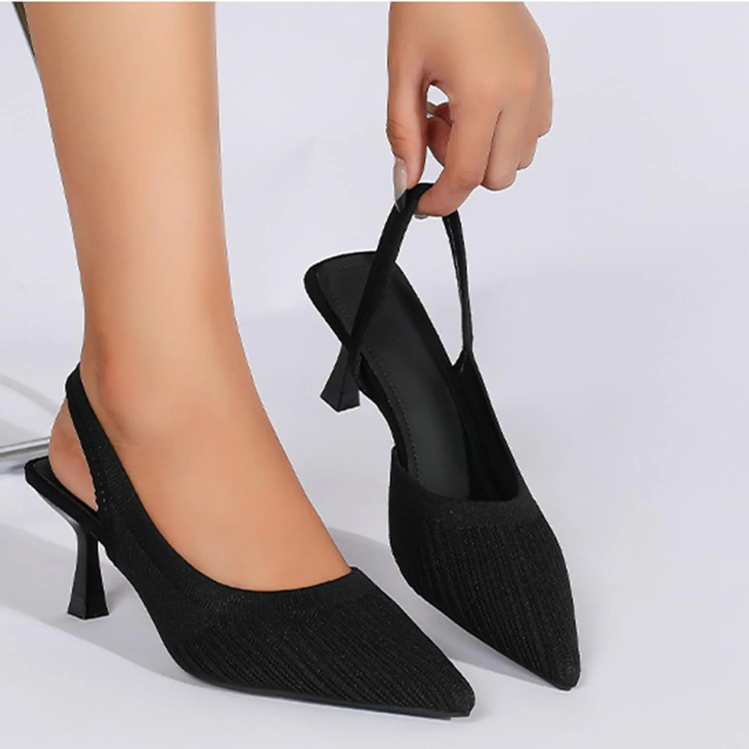 Women’s Knit Slingback Kitten Heel Mules Breathable Mesh Closed Pointed Toe Elastic Ankle Strap Stiletto High Heel Dress Pumps for Formal Bridal Wedding Party