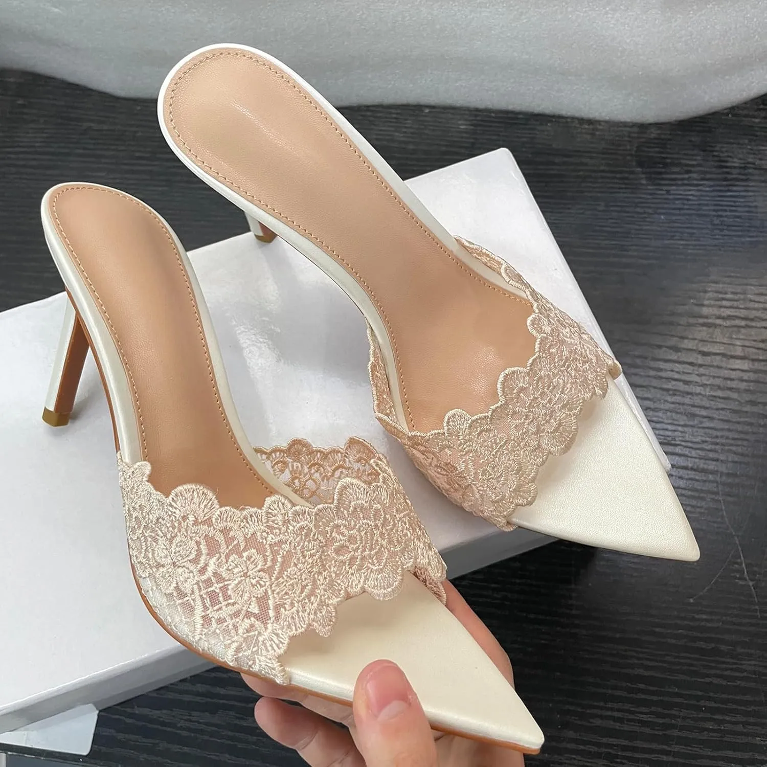 Women's Lace Pointed Open Toe Stiletto Slide Sandals Sexy Fashion Slip-On High Heel Mules Comfortable Slingback Party Wedding Prom Dress Shoes