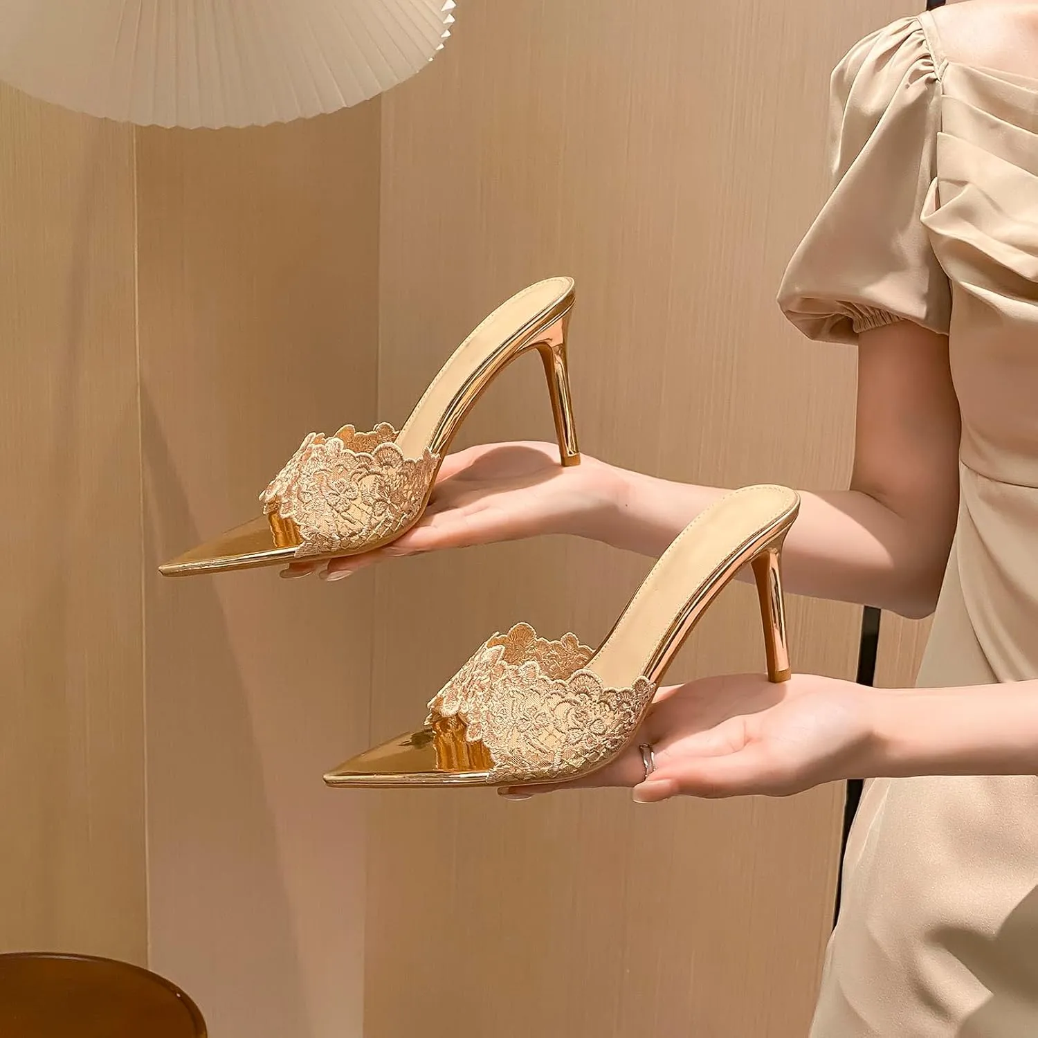 Women's Lace Pointed Open Toe Stiletto Slide Sandals Sexy Fashion Slip-On High Heel Mules Comfortable Slingback Party Wedding Prom Dress Shoes