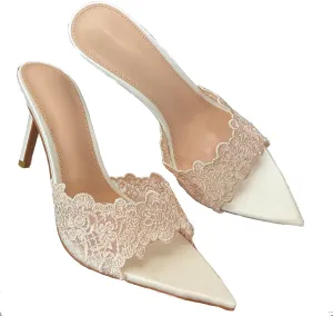 Women's Lace Pointed Open Toe Stiletto Slide Sandals Sexy Fashion Slip-On High Heel Mules Comfortable Slingback Party Wedding Prom Dress Shoes