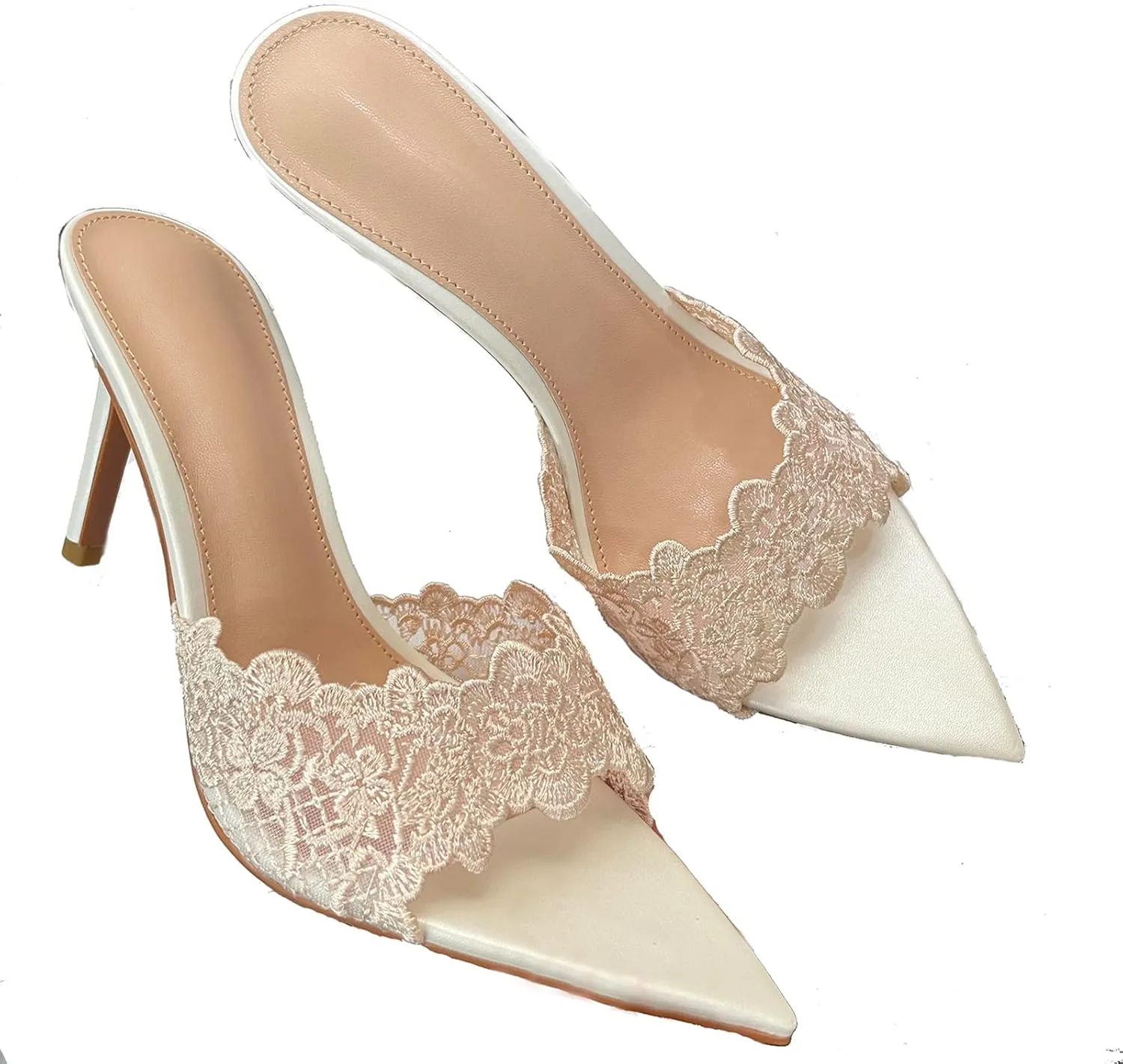 Women's Lace Pointed Open Toe Stiletto Slide Sandals Sexy Fashion Slip-On High Heel Mules Comfortable Slingback Party Wedding Prom Dress Shoes
