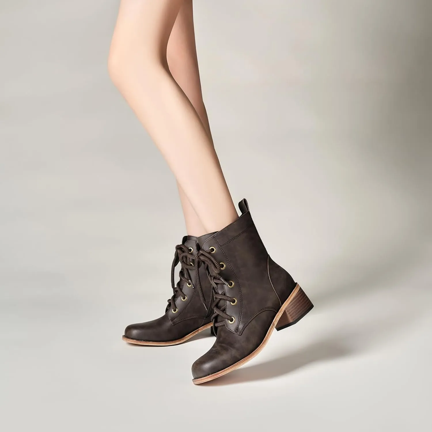 Women's Lace-Up Combat Boots Low Heel Waterproof Casual Fashion Ankle Booties