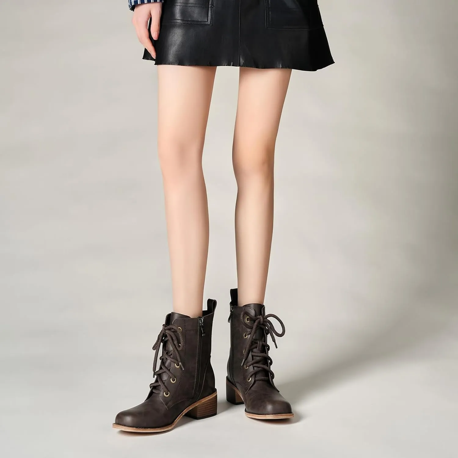 Women's Lace-Up Combat Boots Low Heel Waterproof Casual Fashion Ankle Booties