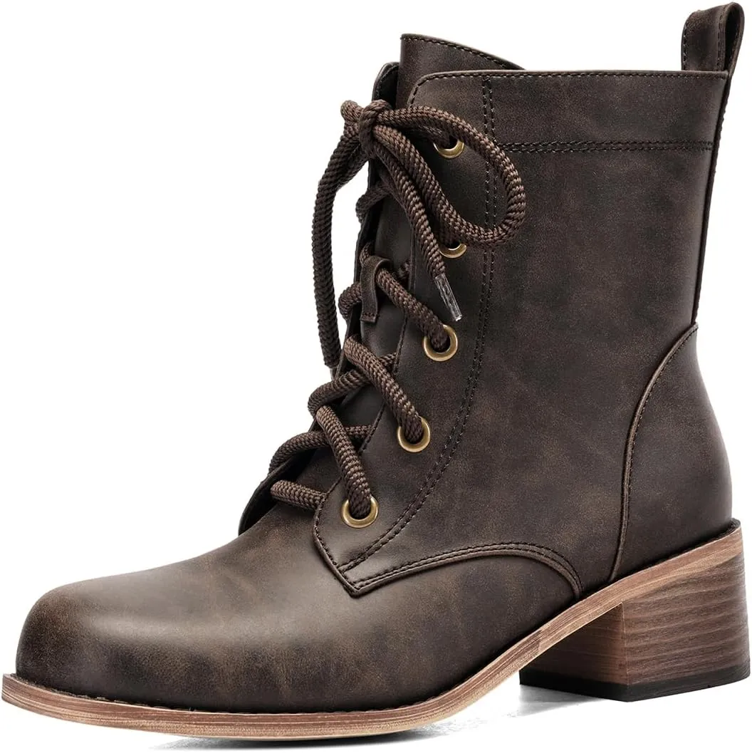 Women's Lace-Up Combat Boots Low Heel Waterproof Casual Fashion Ankle Booties