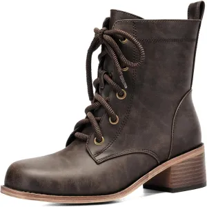 Women's Lace-Up Combat Boots Low Heel Waterproof Casual Fashion Ankle Booties