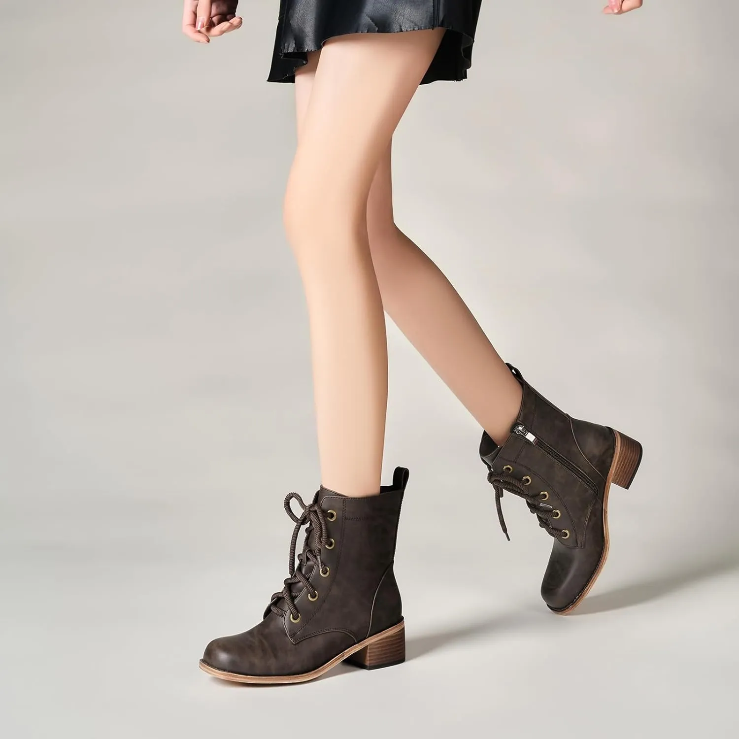 Women's Lace-Up Combat Boots Low Heel Waterproof Casual Fashion Ankle Booties