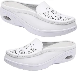 Women's Leather Closed Toe Clogs,Comfort Cutout Arch Support Softsole Slip-On Mules Loafers Slides