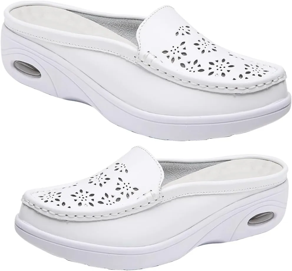 Women's Leather Closed Toe Clogs,Comfort Cutout Arch Support Softsole Slip-On Mules Loafers Slides