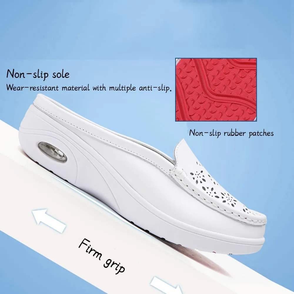 Women's Leather Closed Toe Clogs,Comfort Cutout Arch Support Softsole Slip-On Mules Loafers Slides