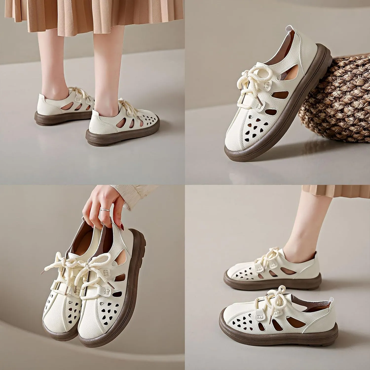 Women's Leather Lace Up Cutout Loafers Soft Platform Lightweight Closed Toe Breathable Outdoor Walking Sandals Casual Wide Round Toe Anti-Slip Comfort Slip On Oxfords