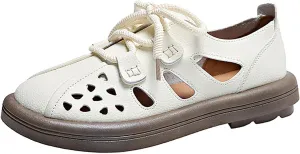 Women's Leather Lace Up Cutout Loafers Soft Platform Lightweight Closed Toe Breathable Outdoor Walking Sandals Casual Wide Round Toe Anti-Slip Comfort Slip On Oxfords