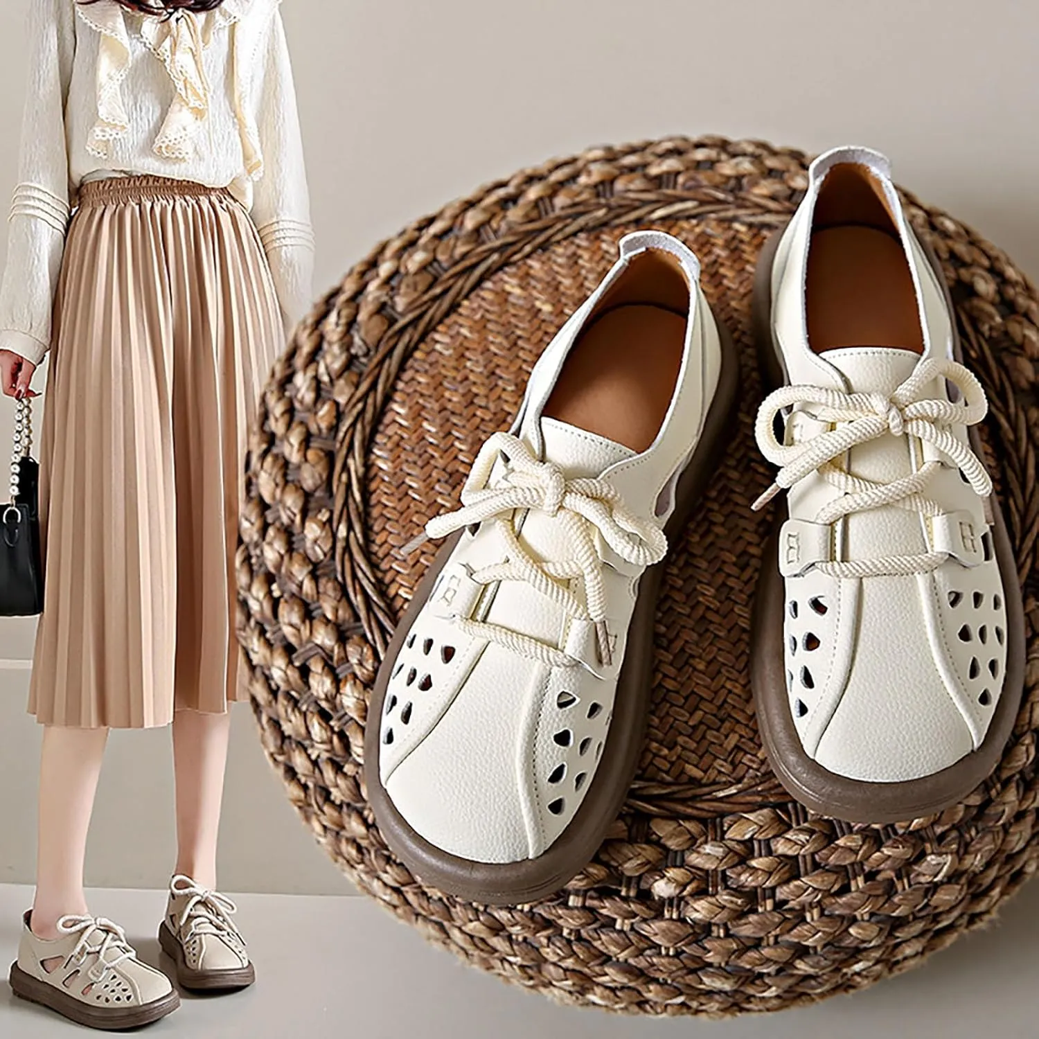 Women's Leather Lace Up Cutout Loafers Soft Platform Lightweight Closed Toe Breathable Outdoor Walking Sandals Casual Wide Round Toe Anti-Slip Comfort Slip On Oxfords