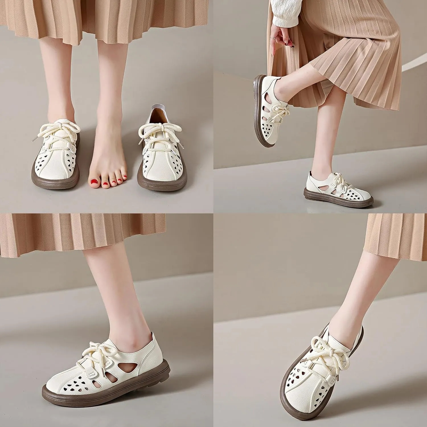 Women's Leather Lace Up Cutout Loafers Soft Platform Lightweight Closed Toe Breathable Outdoor Walking Sandals Casual Wide Round Toe Anti-Slip Comfort Slip On Oxfords