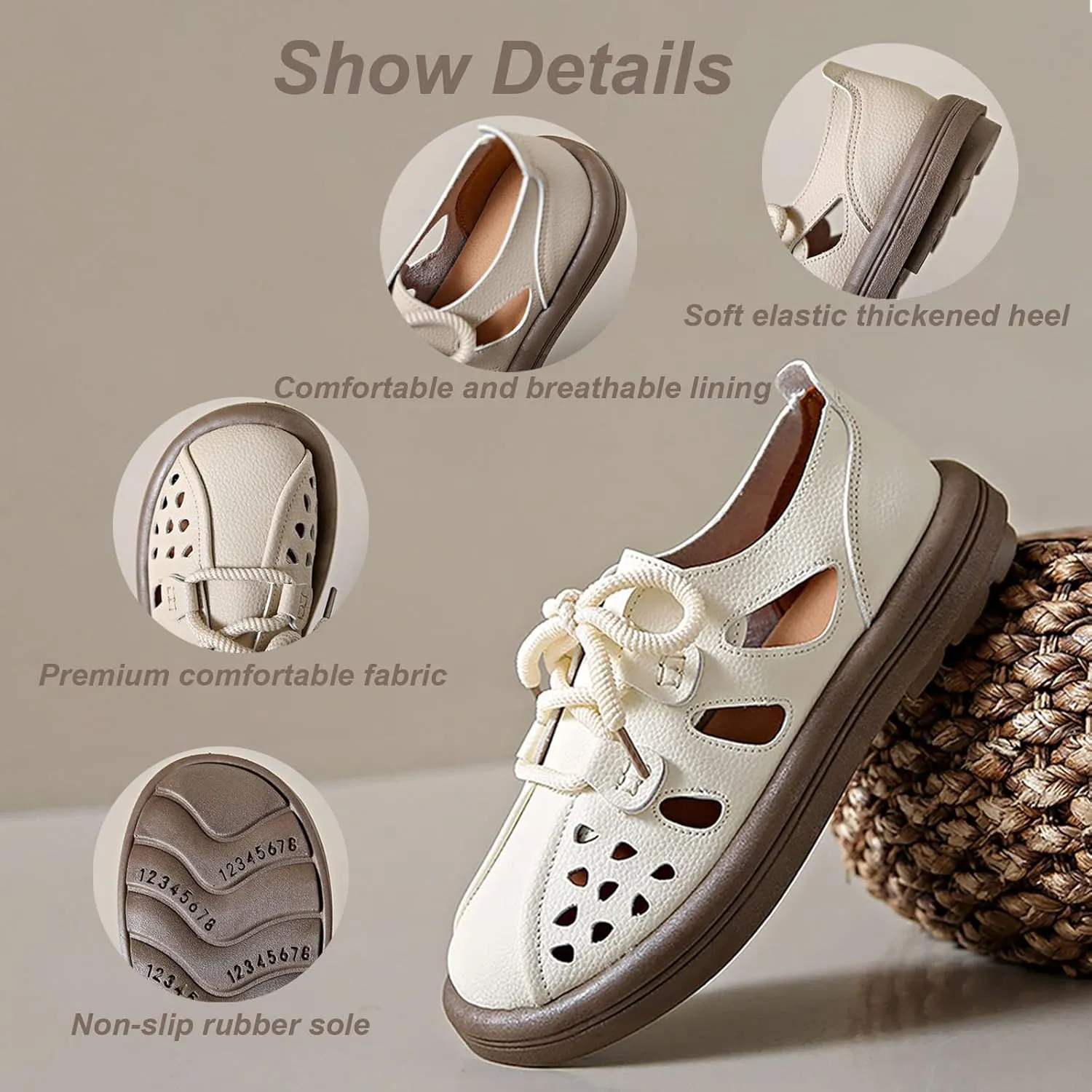 Women's Leather Lace Up Cutout Loafers Soft Platform Lightweight Closed Toe Breathable Outdoor Walking Sandals Casual Wide Round Toe Anti-Slip Comfort Slip On Oxfords