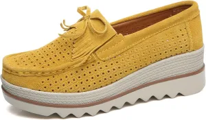 Women's Leather Platform Loafers Faux Suede Comfort Moccasins Comfortable Thick Soled Breathable Loafers