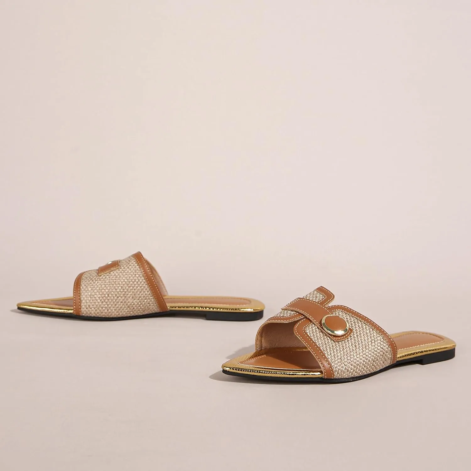 Women's Linen Fashion Pointed Toe Flat Slides Sandals Comfortable Lightweight Non-Slip Open Toe Slip On Summer Beach Slippers