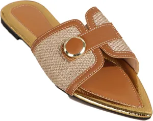 Women's Linen Fashion Pointed Toe Flat Slides Sandals Comfortable Lightweight Non-Slip Open Toe Slip On Summer Beach Slippers