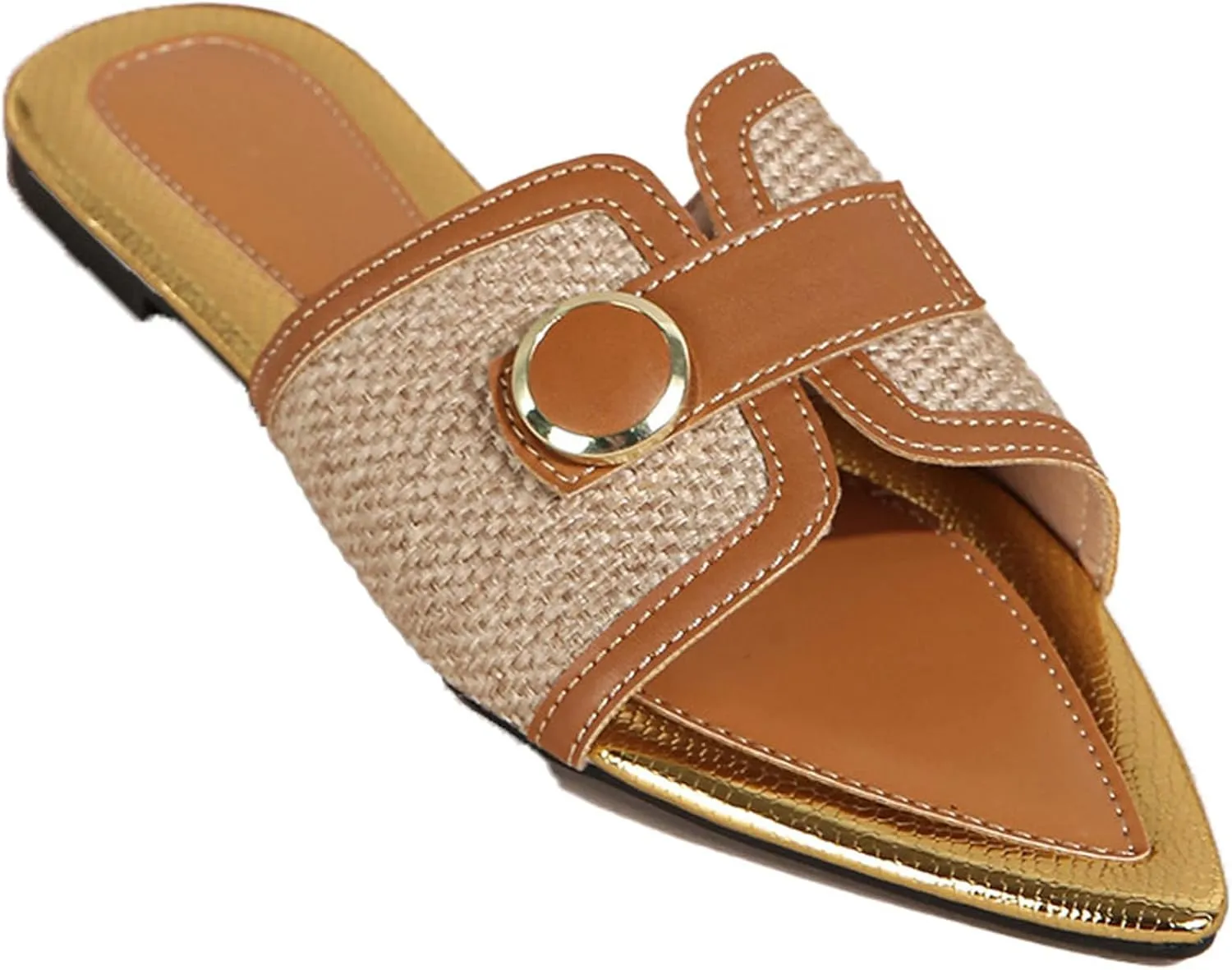 Women's Linen Fashion Pointed Toe Flat Slides Sandals Comfortable Lightweight Non-Slip Open Toe Slip On Summer Beach Slippers