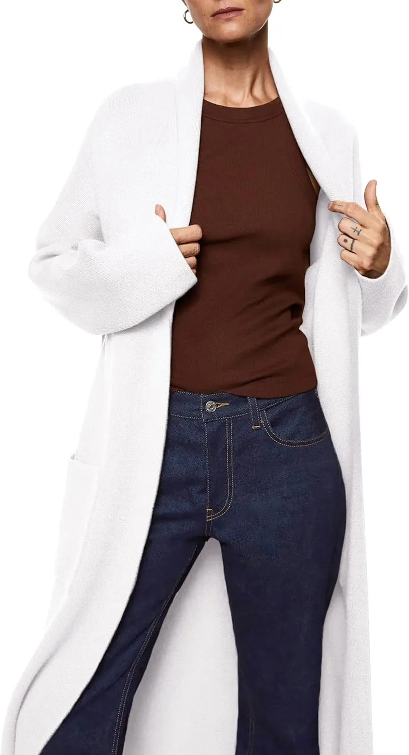 Womens Long Sleeve Maxi Cardigan Open Front Oversized Knitted Sweater Coat Casual Lapel Warm Overcoat with Pockets