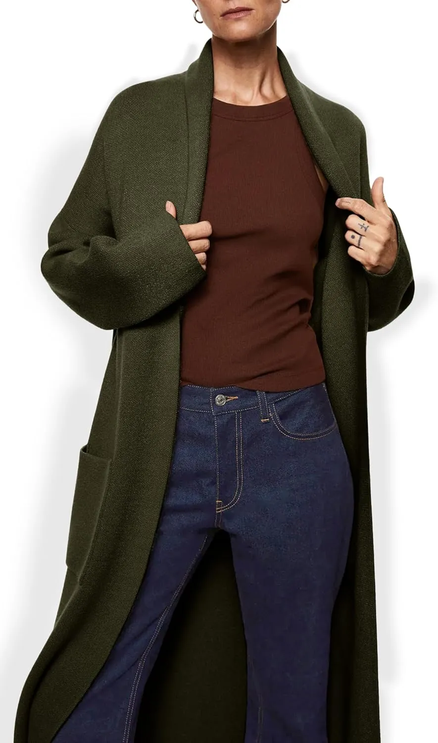 Womens Long Sleeve Maxi Cardigan Open Front Oversized Knitted Sweater Coat Casual Lapel Warm Overcoat with Pockets
