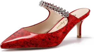 Womens Low Kitten Comfortable Heels Floral Printed Closed Toe Sexy Mules