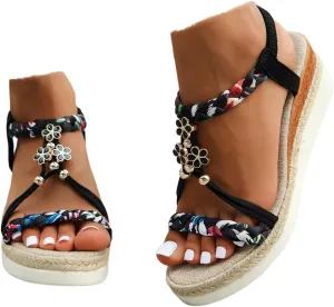 Womens Low Wedge Heels Sandals Shoes,Wide Width Platform Wedge Sandals for Women Summer Dressy,Comfort Walking Non Slip Casual Summer Beach Sandals Ankle Elastic Bohemian Woven Sandals