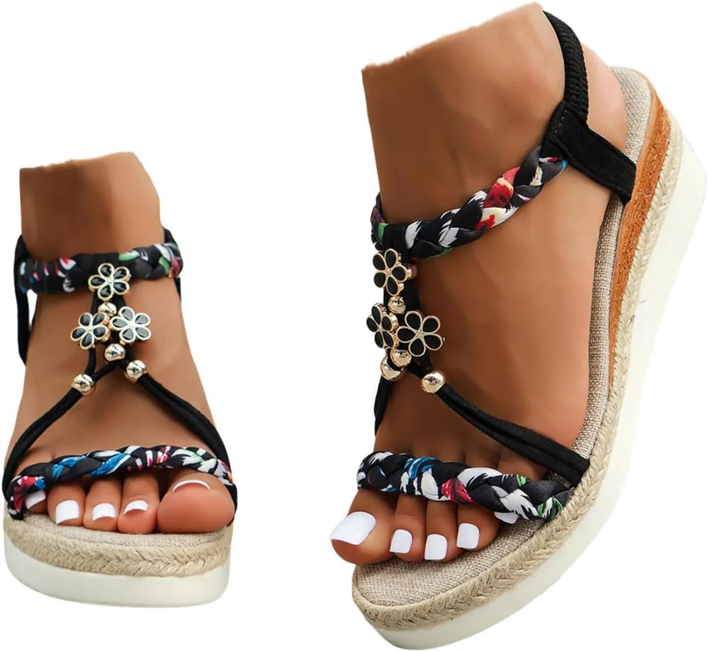 Womens Low Wedge Heels Sandals Shoes,Wide Width Platform Wedge Sandals for Women Summer Dressy,Comfort Walking Non Slip Casual Summer Beach Sandals Ankle Elastic Bohemian Woven Sandals