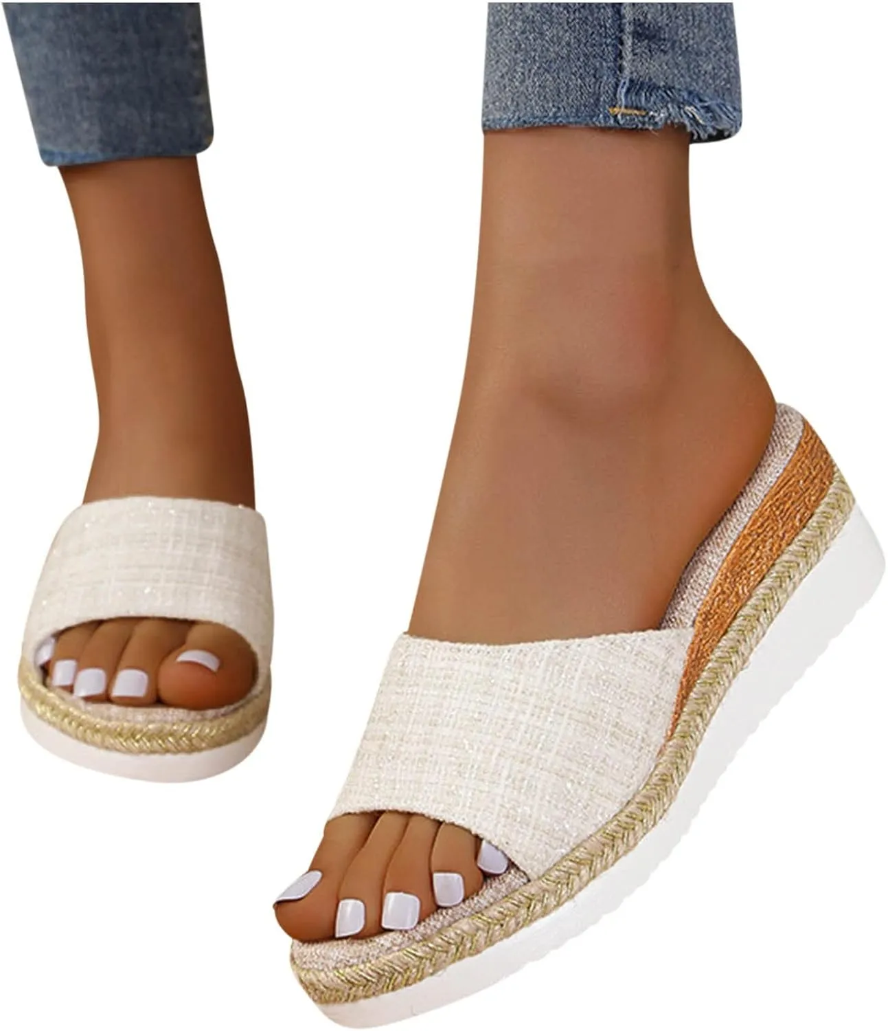 Womens Low Wedge Sandals Splicing Arch Support Knit Woven Boho Solid Color Cozy Casual Comfort Shoes for Vacation