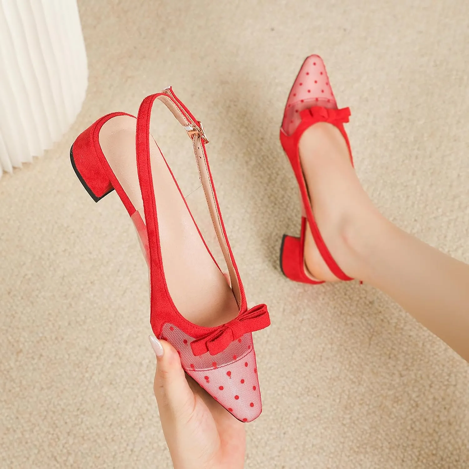 Womens Mesh Yarn Low Chunky Heel Slingback Pumps Fashion Bow Decoration Adjustable Ankle Strap Closed Pointed Toe Comfort Block Heel Bridal Mules Sandals for Dress Wedding Party Prom