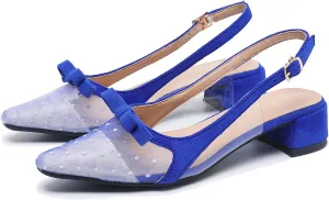 Womens Mesh Yarn Low Chunky Heel Slingback Pumps Fashion Bow Decoration Adjustable Ankle Strap Closed Pointed Toe Comfort Block Heel Bridal Mules Sandals for Dress Wedding Party Prom