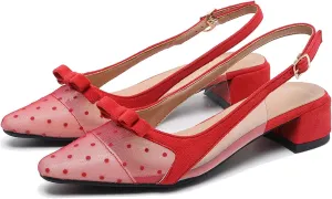 Womens Mesh Yarn Low Chunky Heel Slingback Pumps Fashion Bow Decoration Adjustable Ankle Strap Closed Pointed Toe Comfort Block Heel Bridal Mules Sandals for Dress Wedding Party Prom