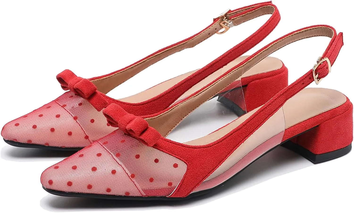 Womens Mesh Yarn Low Chunky Heel Slingback Pumps Fashion Bow Decoration Adjustable Ankle Strap Closed Pointed Toe Comfort Block Heel Bridal Mules Sandals for Dress Wedding Party Prom