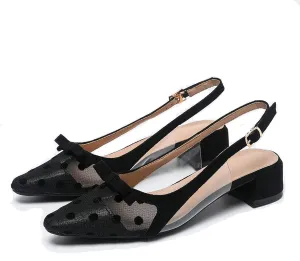 Womens Mesh Yarn Low Chunky Heel Slingback Pumps Fashion Bow Decoration Adjustable Ankle Strap Closed Pointed Toe Comfort Block Heel Bridal Mules Sandals for Dress Wedding Party Prom
