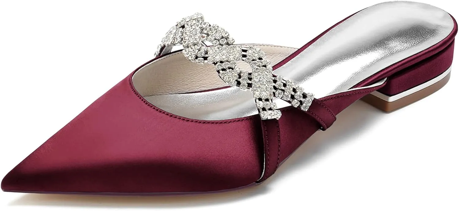 Women's Mules Flats Pointed Toe Backless Loafers Slip on Slides for Wedding Bridal Dress Shoes