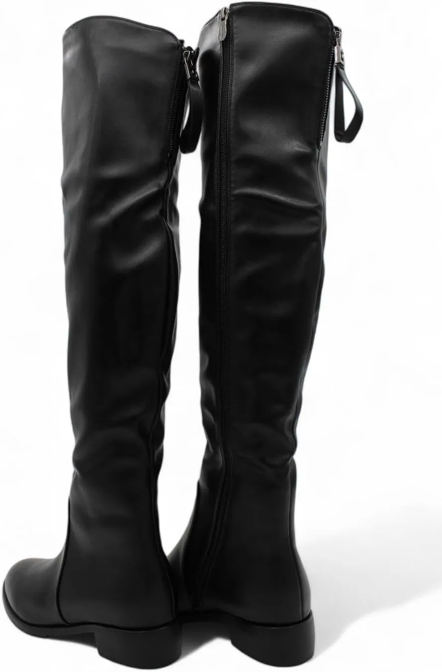 Womens Over the Knee Black Flat Heel Boots Round Toe Side-Zip with Back Pull Loop, Comfortable Winter Boots, Over the Knee Boots for Women, Snow Boots for Women