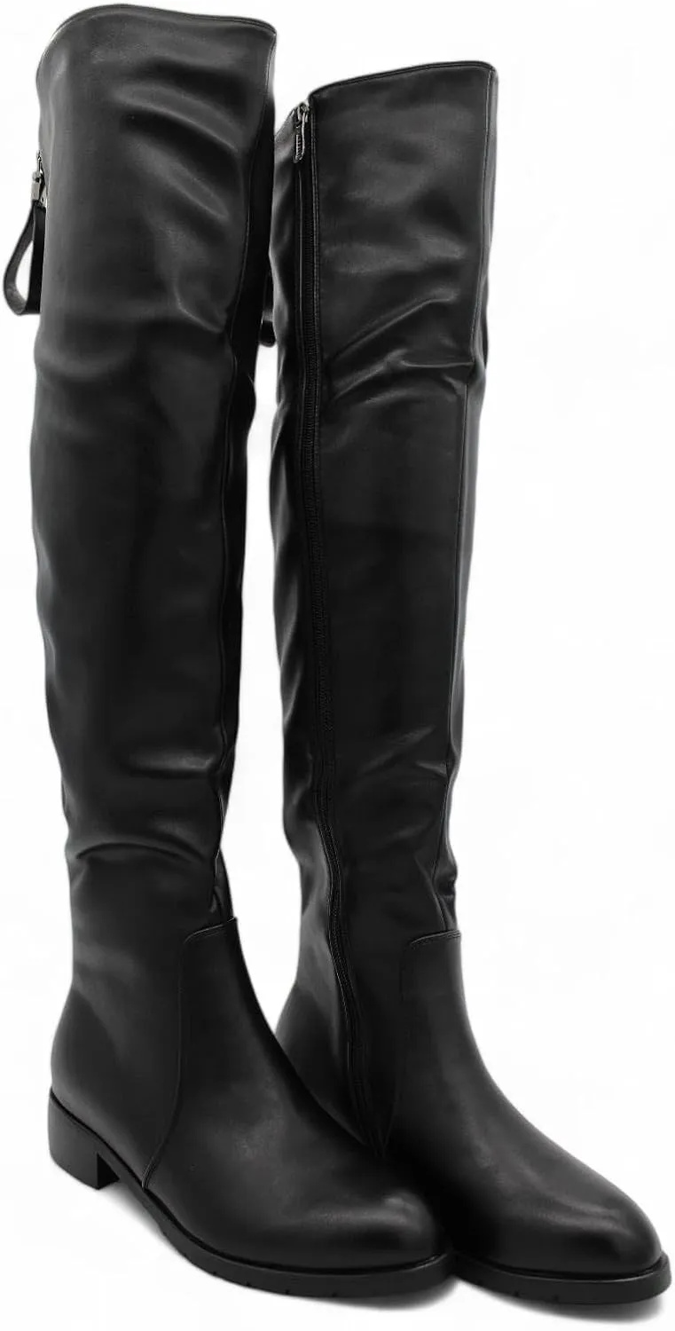 Womens Over the Knee Black Flat Heel Boots Round Toe Side-Zip with Back Pull Loop, Comfortable Winter Boots, Over the Knee Boots for Women, Snow Boots for Women